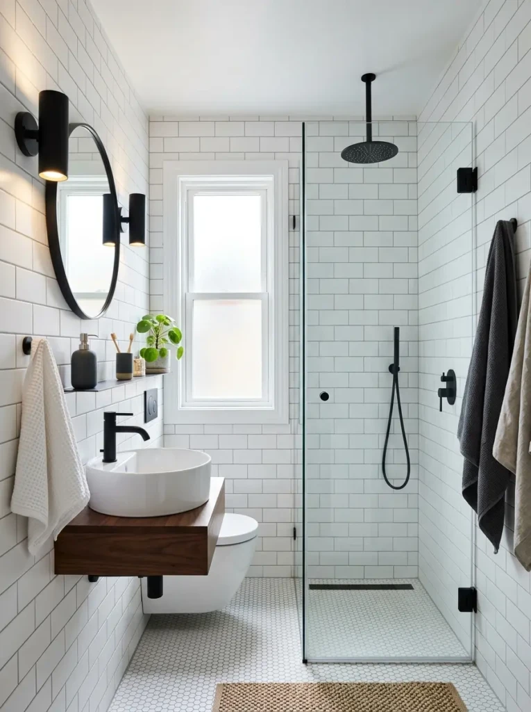 Stylish small bathroom with matte black fixtures, sleek faucet, and modern showerhead.