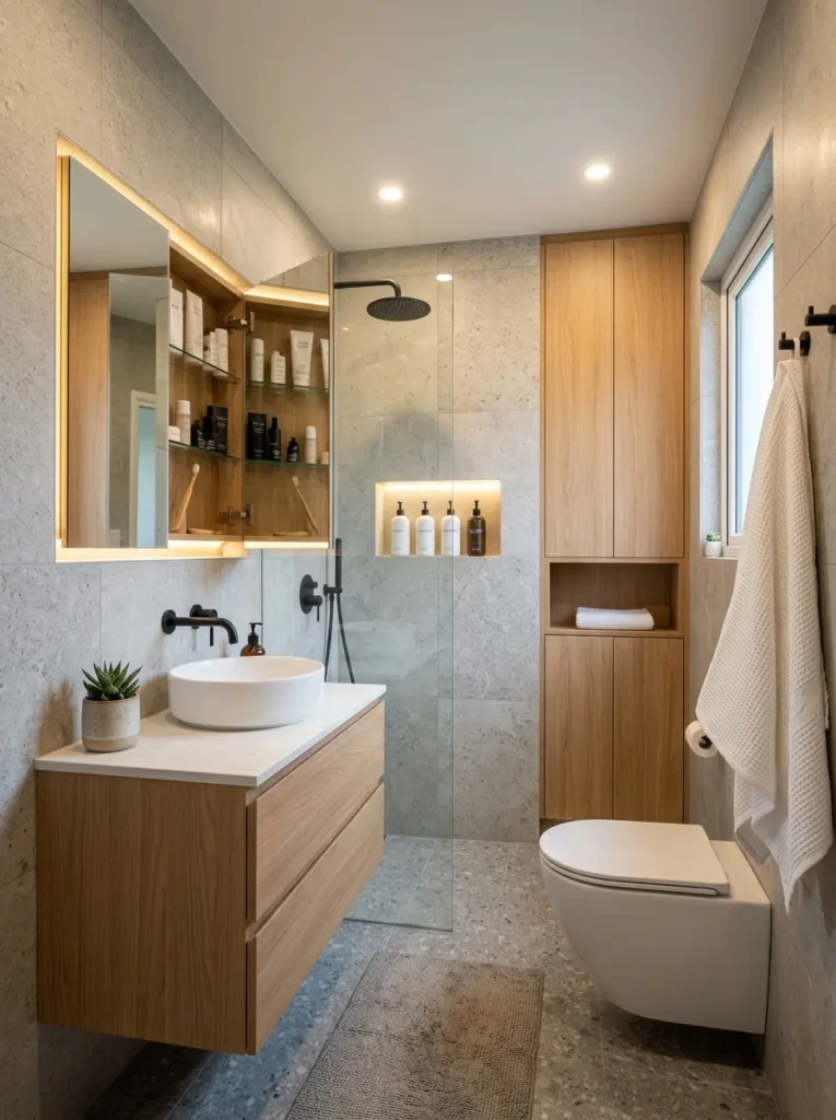 Compact bathroom with recessed medicine cabinet, shower niche, and hidden storage solutions.