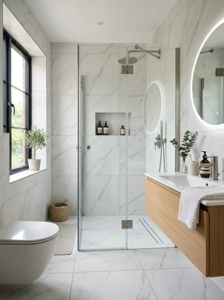 Elegant small bathroom with large format marble-look tiles and seamless modern design.