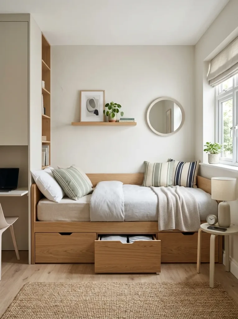 Compact bedroom with a daybed against the wall and built-in storage, ideal for small space living