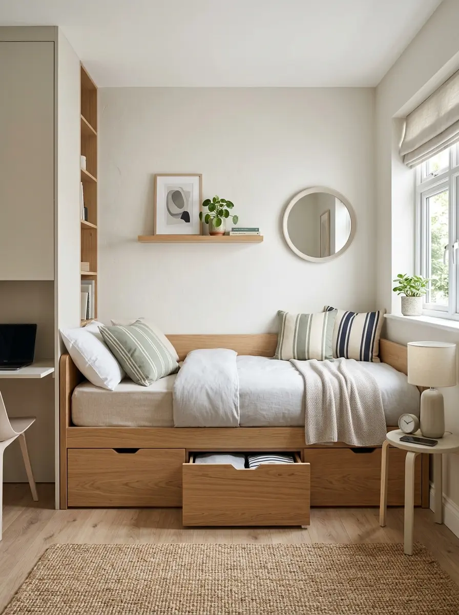 Compact bedroom with a daybed against the wall and built-in storage, ideal for small space living