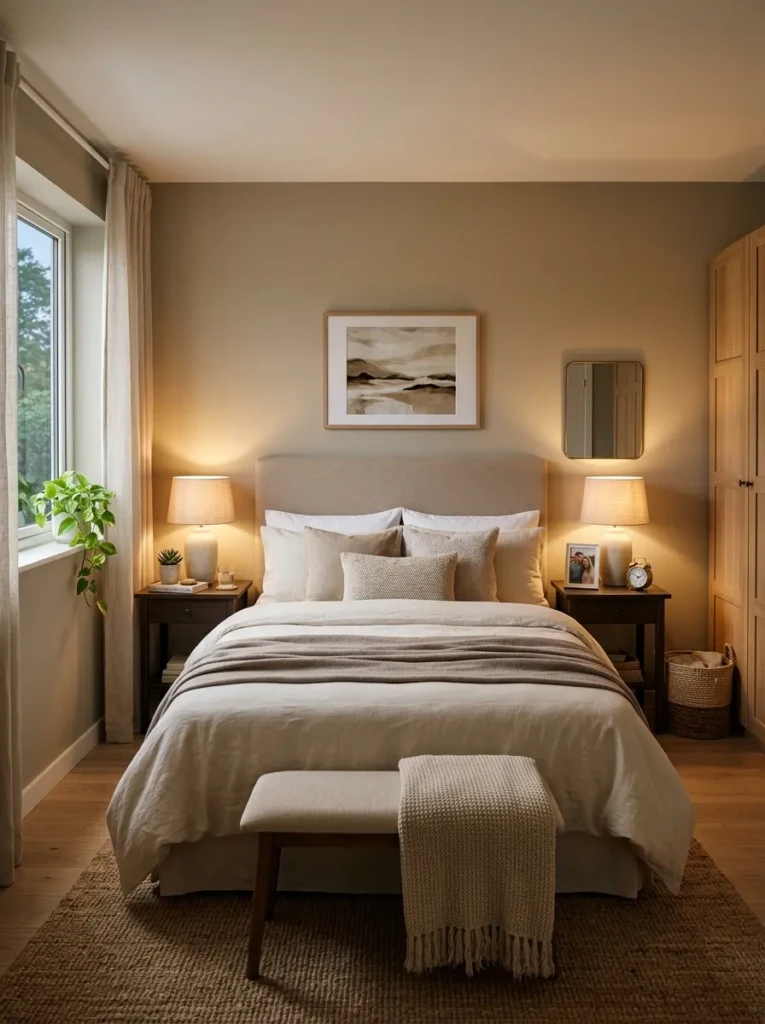 Compact couple bedroom with balanced decor, double bed, and soft lighting