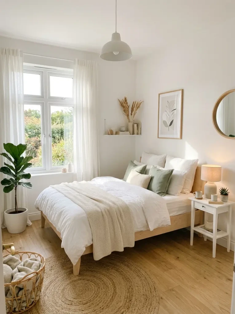 Small bedroom with white and pastel tones creating a bright and airy feel