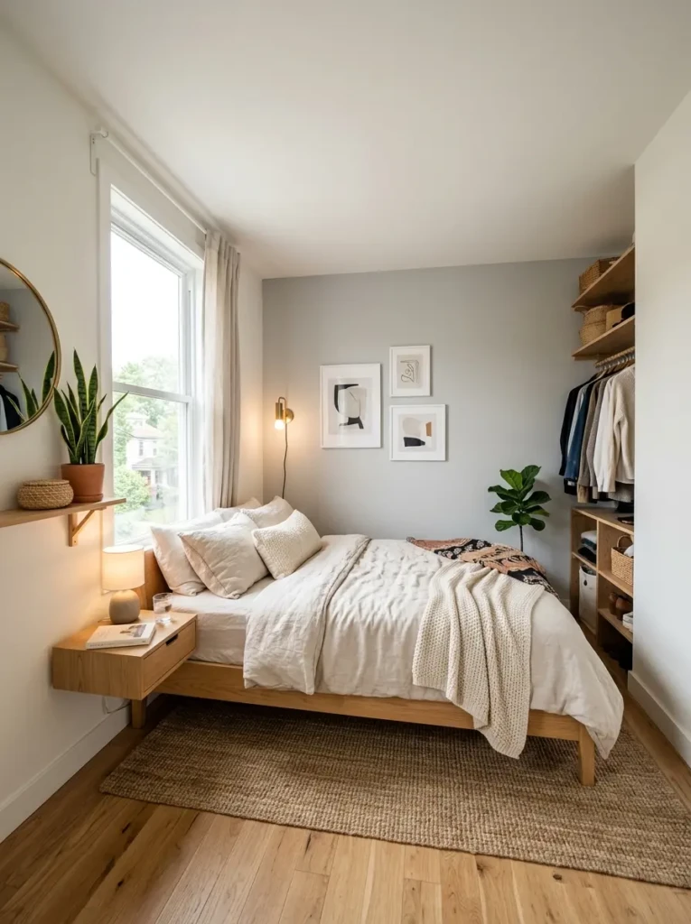 Stylish small bedroom with minimal furniture, soft lighting, and cozy modern decor