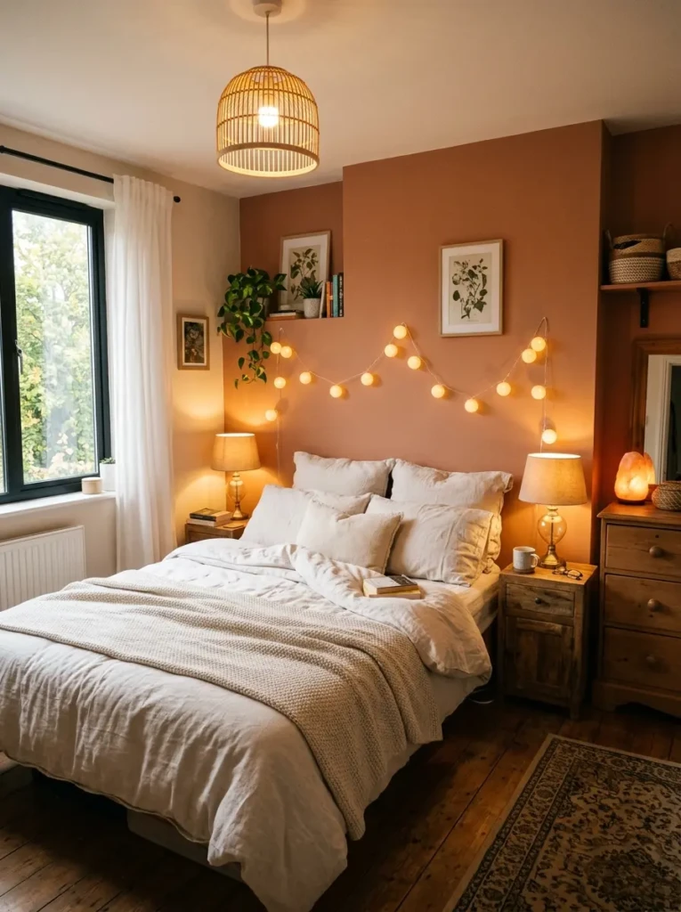 Small bedroom with layered lighting including lamps and natural sunlight