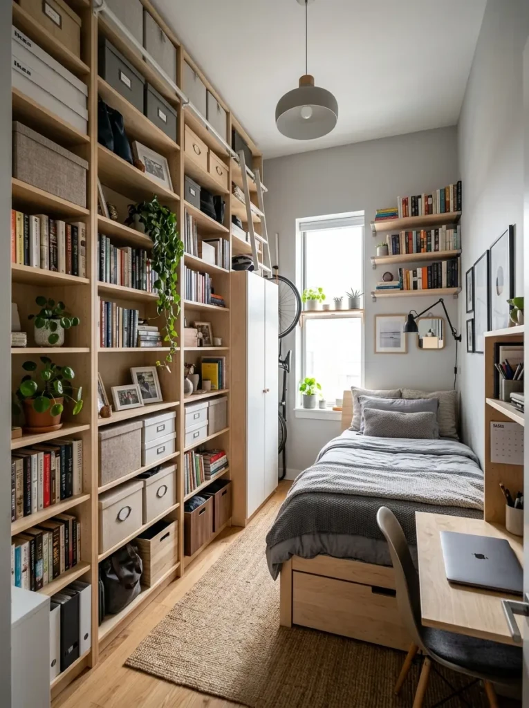 Small bedroom using tall shelves and wall-mounted storage for space saving