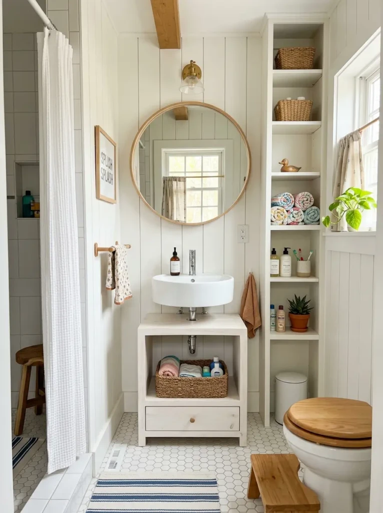 small farmhouse bathroom with compact vanity light colors and vertical storage solutions