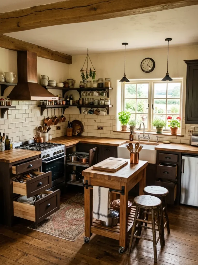 Functional farmhouse kitchen design with pull-out drawers, corner storage, and compact efficient layout.