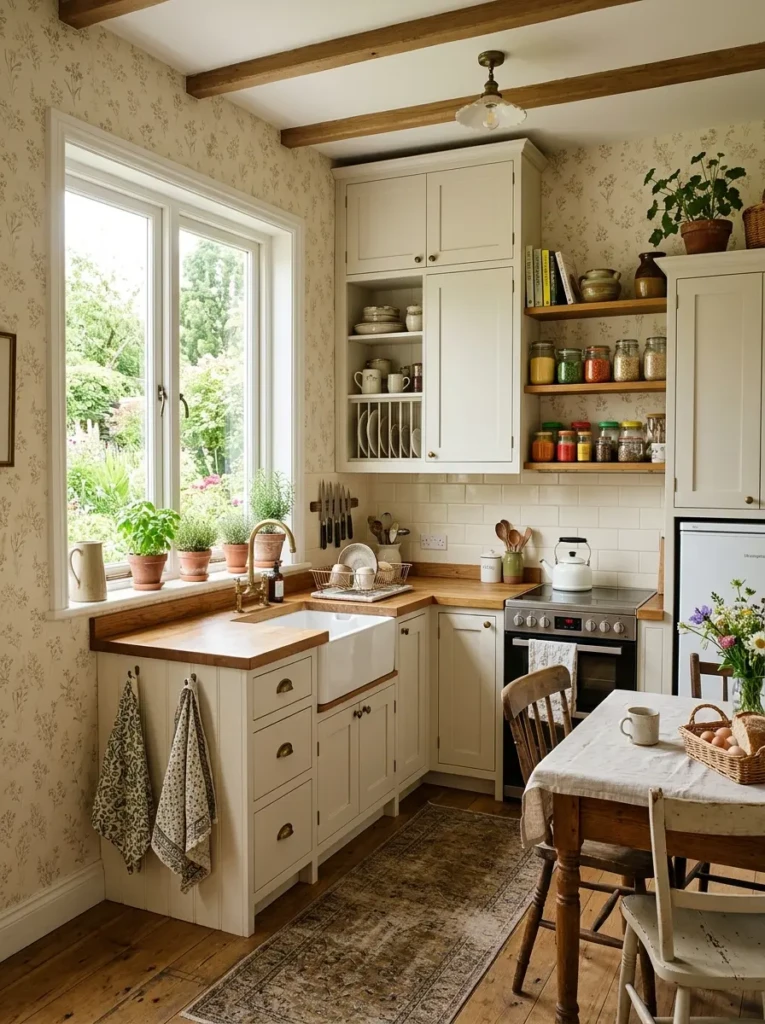 Compact farmhouse kitchen using light wallpaper and natural lighting to create an open and airy feel
