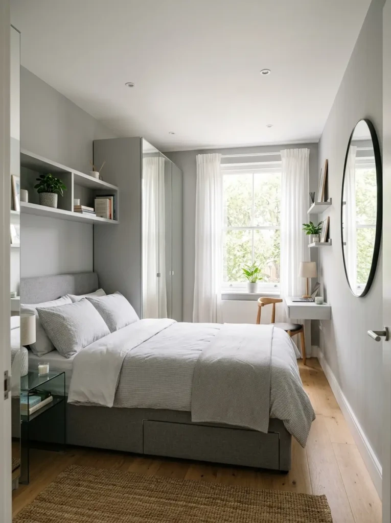 A small grey bedroom with light walls, mirrors, and compact furniture creating an open feel