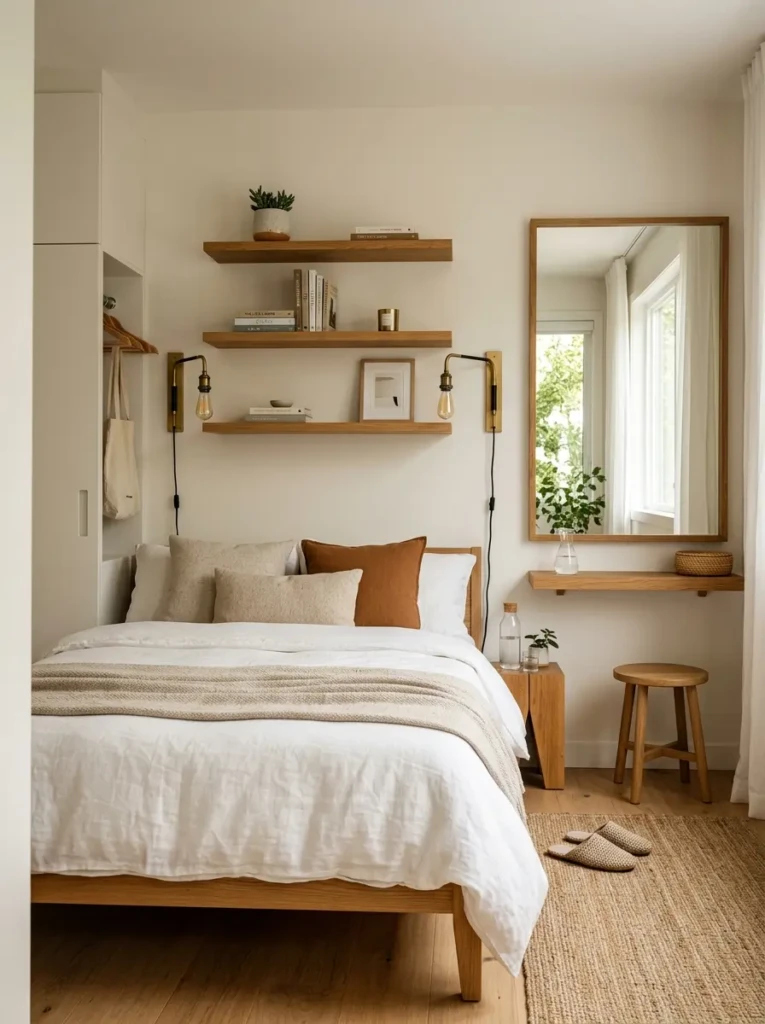 Small guest bedroom ideas featuring floating shelves, wall-mounted lamps, compact furniture, and bright mirror accents.