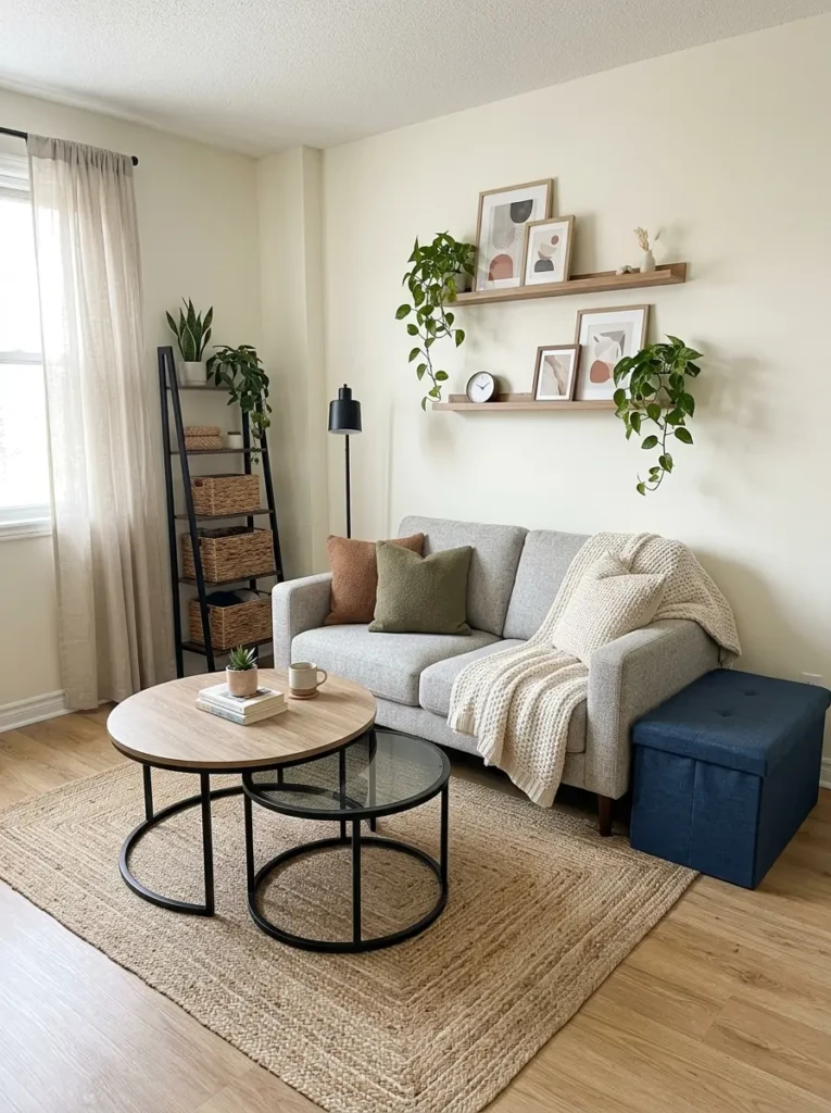 Compact small living room with storage ottoman, nesting tables, and multifunctional sofa on a budget.