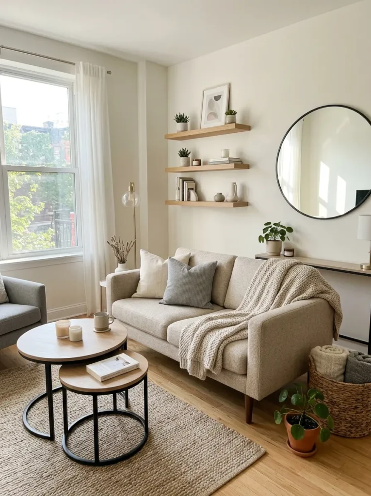 Small living room with space-saving furniture, nesting tables, wall shelves, and a large mirror.