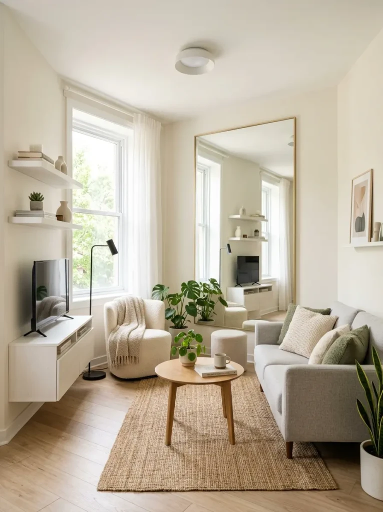 Compact living room using mirror decor to create the illusion of a larger and brighter space