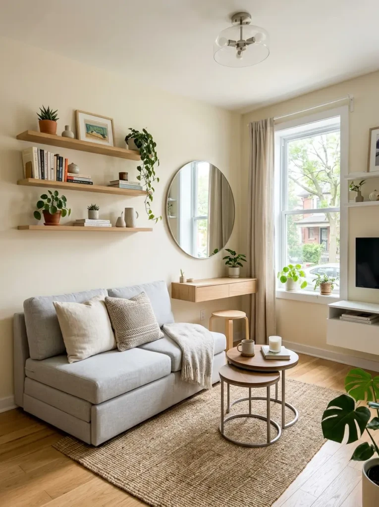 A living room with layered lighting including lamps and ceiling lights creating a warm and inviting mood.