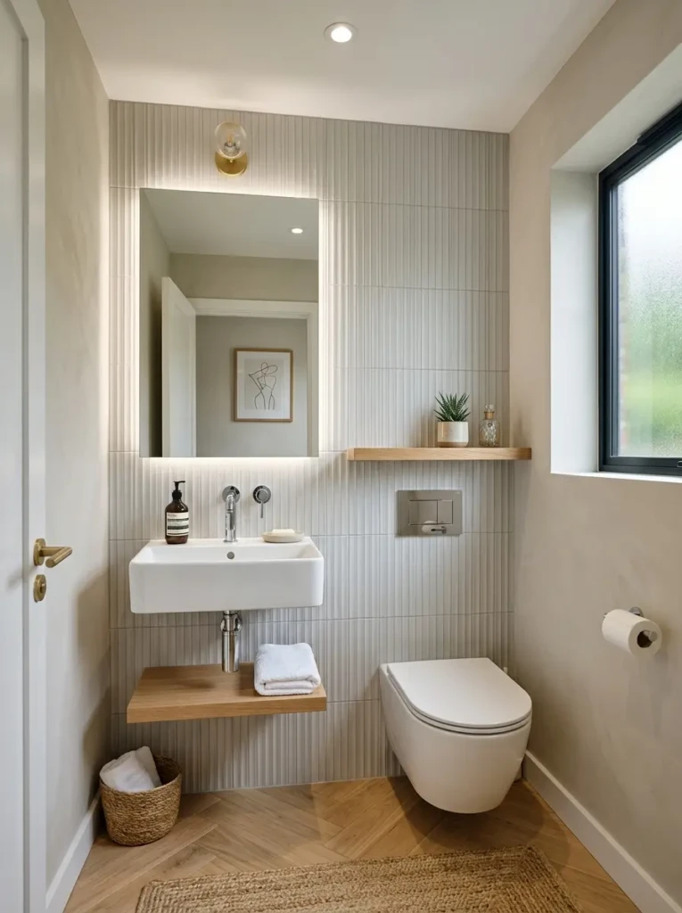 Compact modern half bathroom with floating sink, large mirror, and light color palette to maximize space
