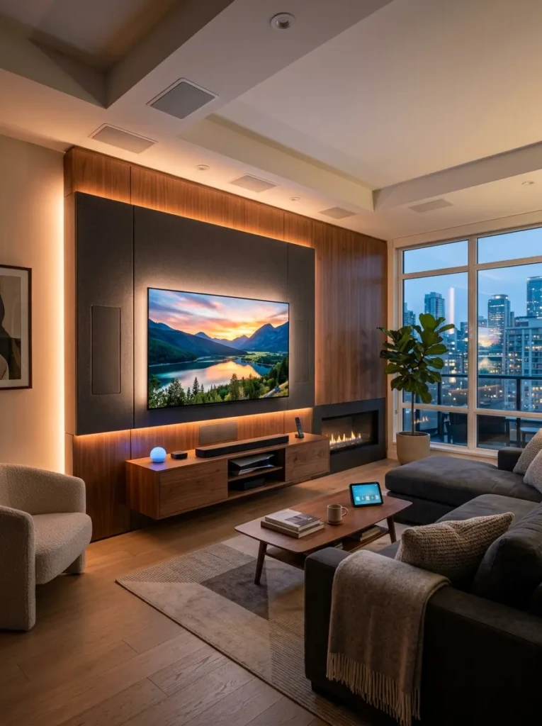 Modern media wall with hidden wiring, built-in speakers, and smart home technology features