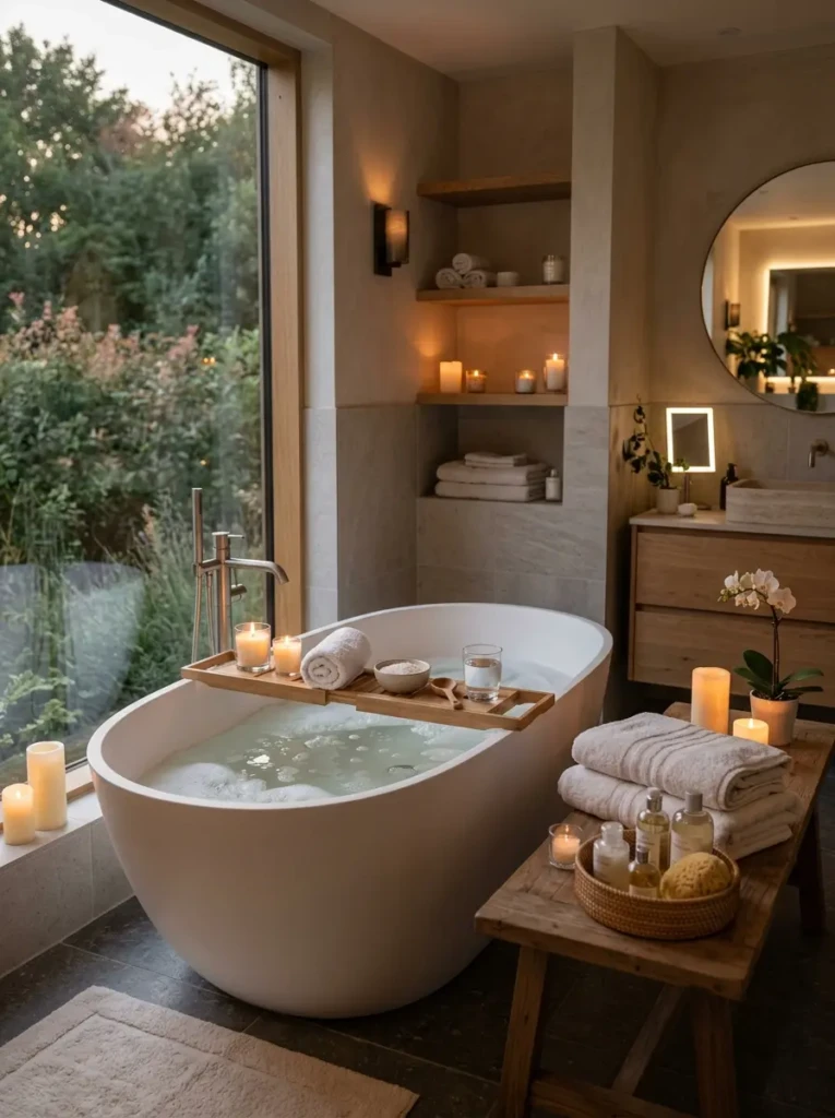 Luxury bathroom with candles, soft lighting, and freestanding tub creating a peaceful spa-like environment
