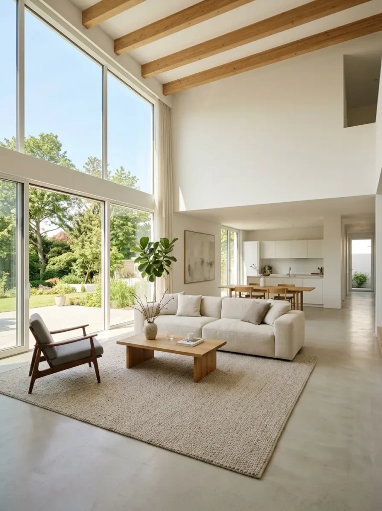 Spacious minimalist living room with well-planned layout, open space, and balanced furniture arrangement