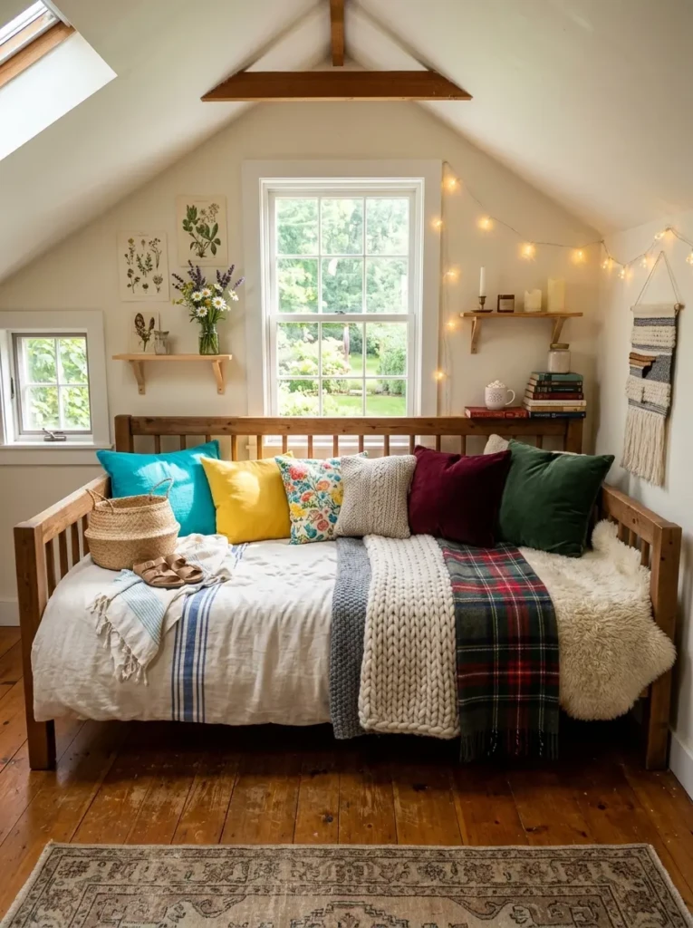 Daybed styled for different seasons with light summer fabrics and cozy winter blankets