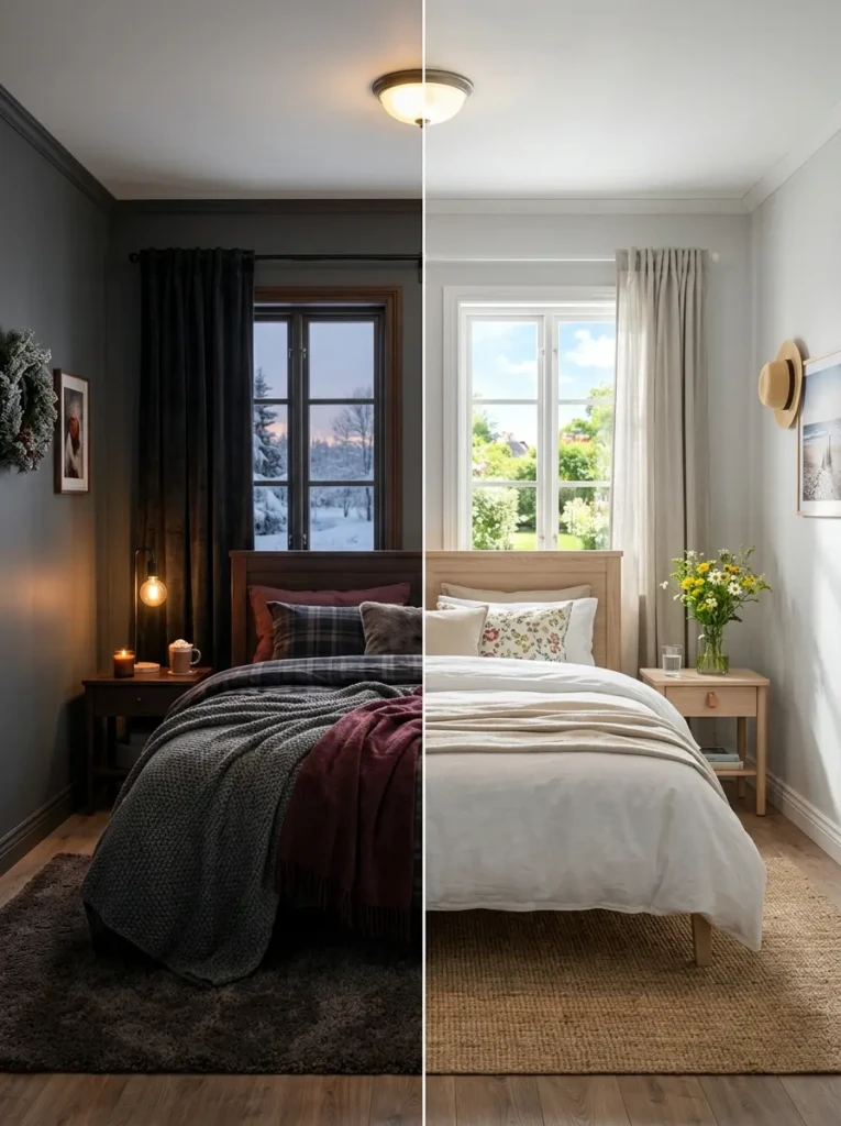 A grey bedroom styled for different seasons with cozy winter and light summer decor variations