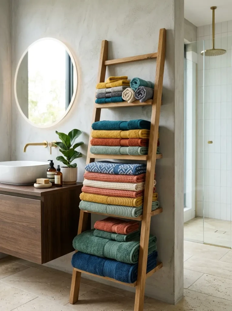 stacked towels in different sizes and textures creating colourful bathroom ideas