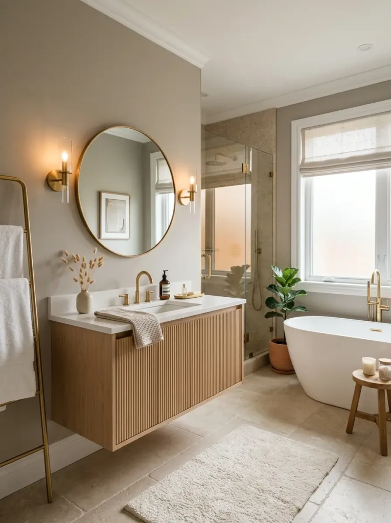 Stylish neutral bathroom ideas with greige walls, beige flooring, and warm elegant lighting.