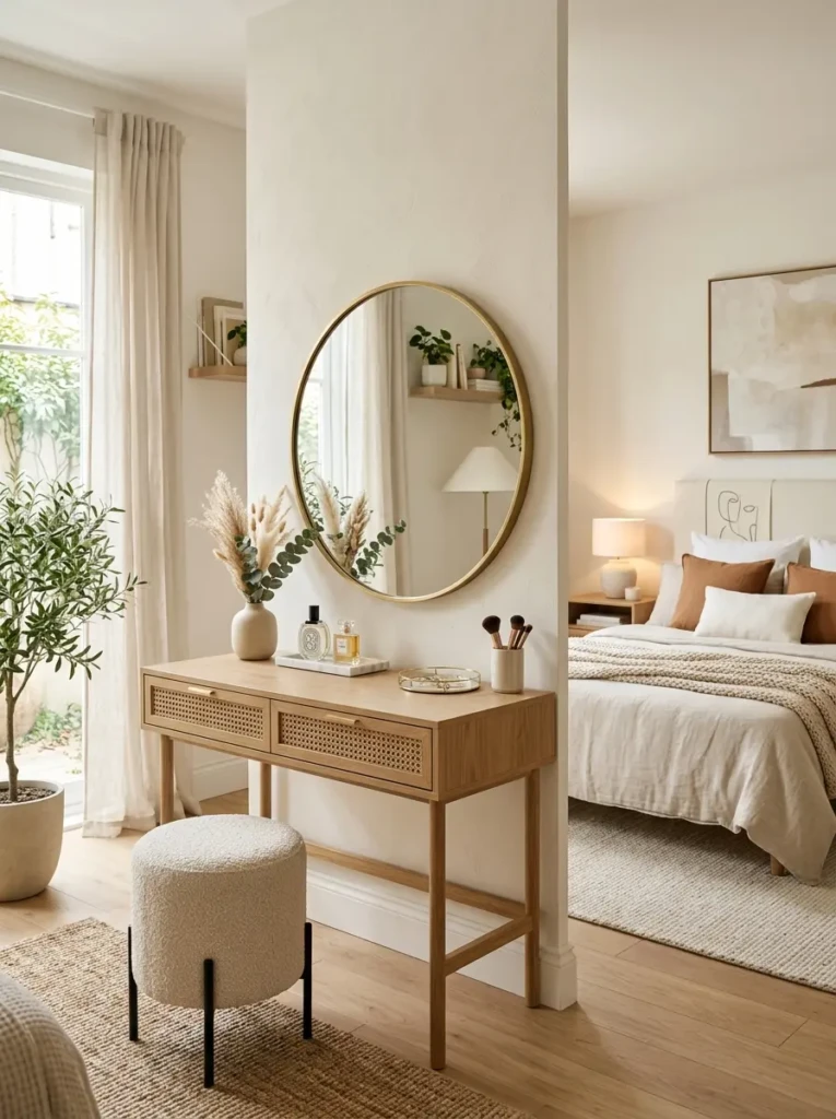 Stylish bedroom with a modern vanity setup, soft lighting, and neutral aesthetic decor