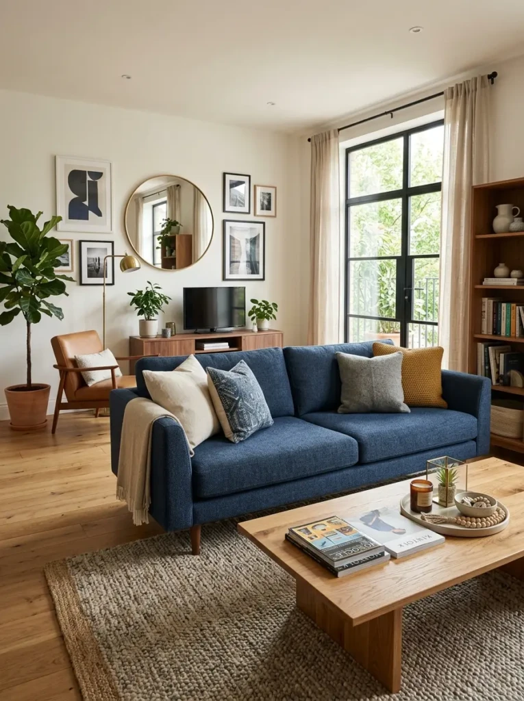 Living room with a blue sofa paired with a wooden coffee table and modern décor