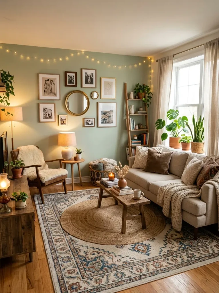 Affordable living room decor with stylish layered rugs and cozy design