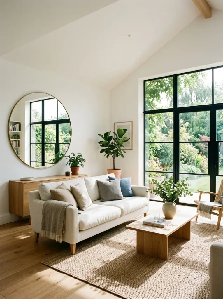 Sunlit living room with mirrors reflecting natural light to brighten the space