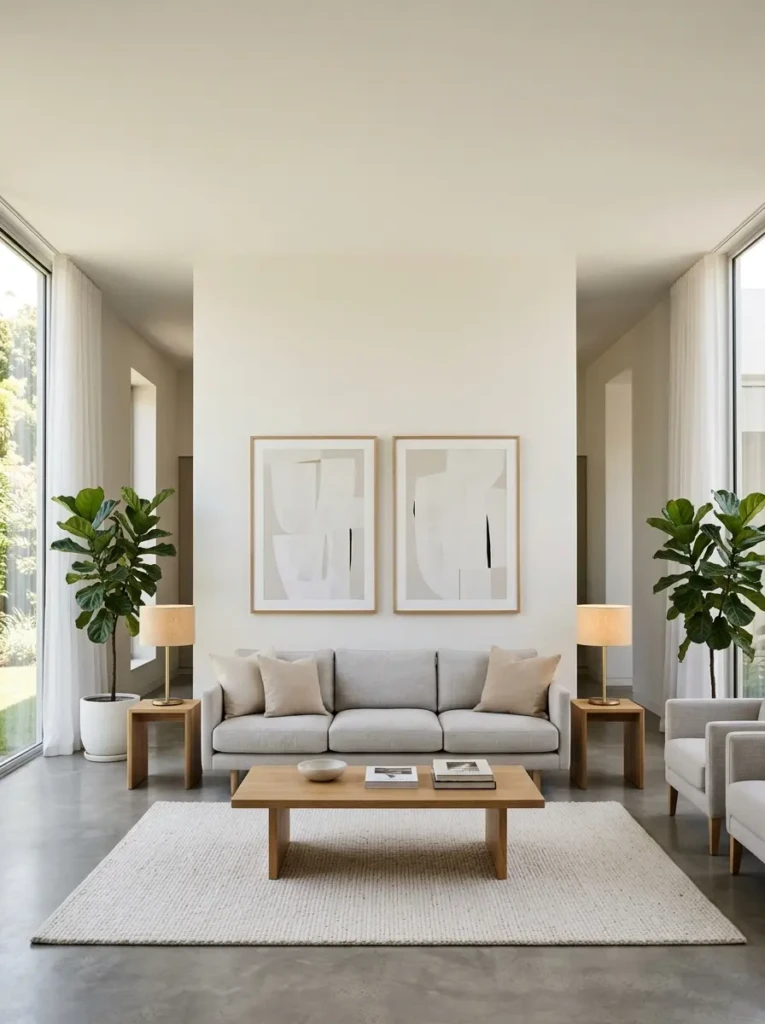 Balanced minimalist living room with symmetrical furniture arrangement and harmonious design