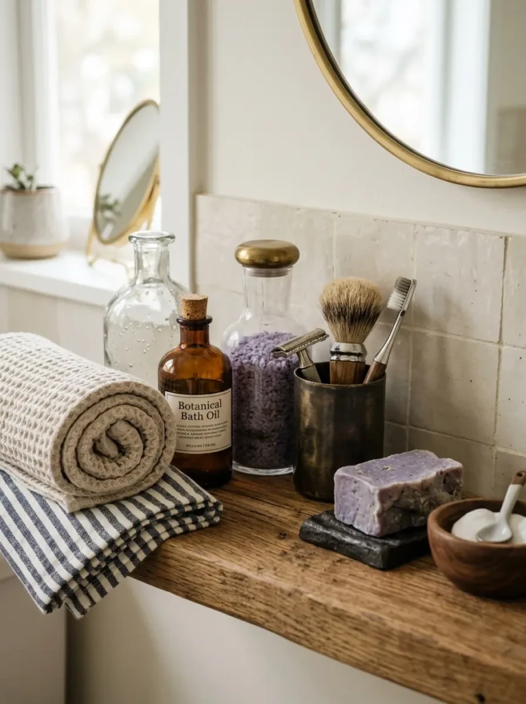 Bathroom shelf showcasing mixed materials like wood, glass, metal, and fabric for visual interest