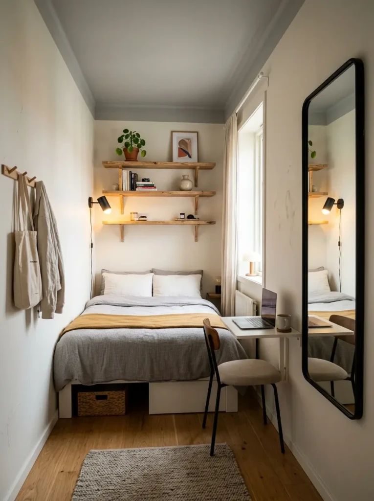 Tiny bedroom with floating shelves, wall lights, and compact furniture setup