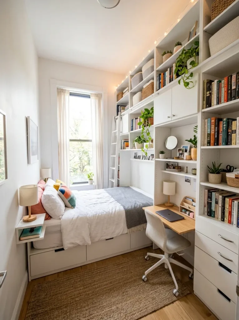 vertical shelves in bedroom for small space storage solutions