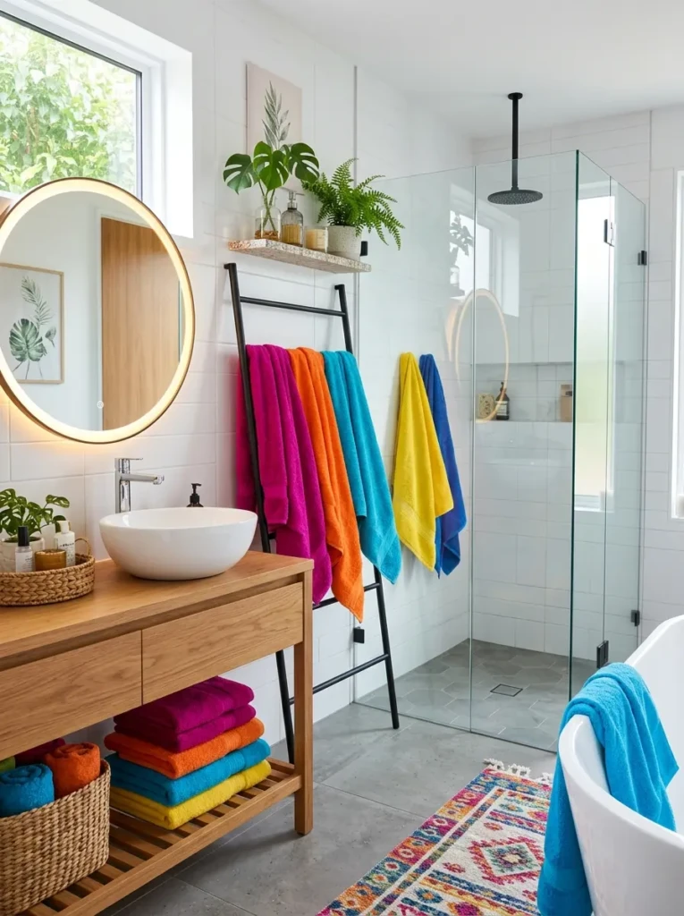 bright and vibrant towels used as statement pieces in colourful bathroom ideas