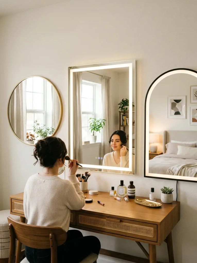 Different vanity mirror styles including round and LED mirrors enhancing bedroom decor
