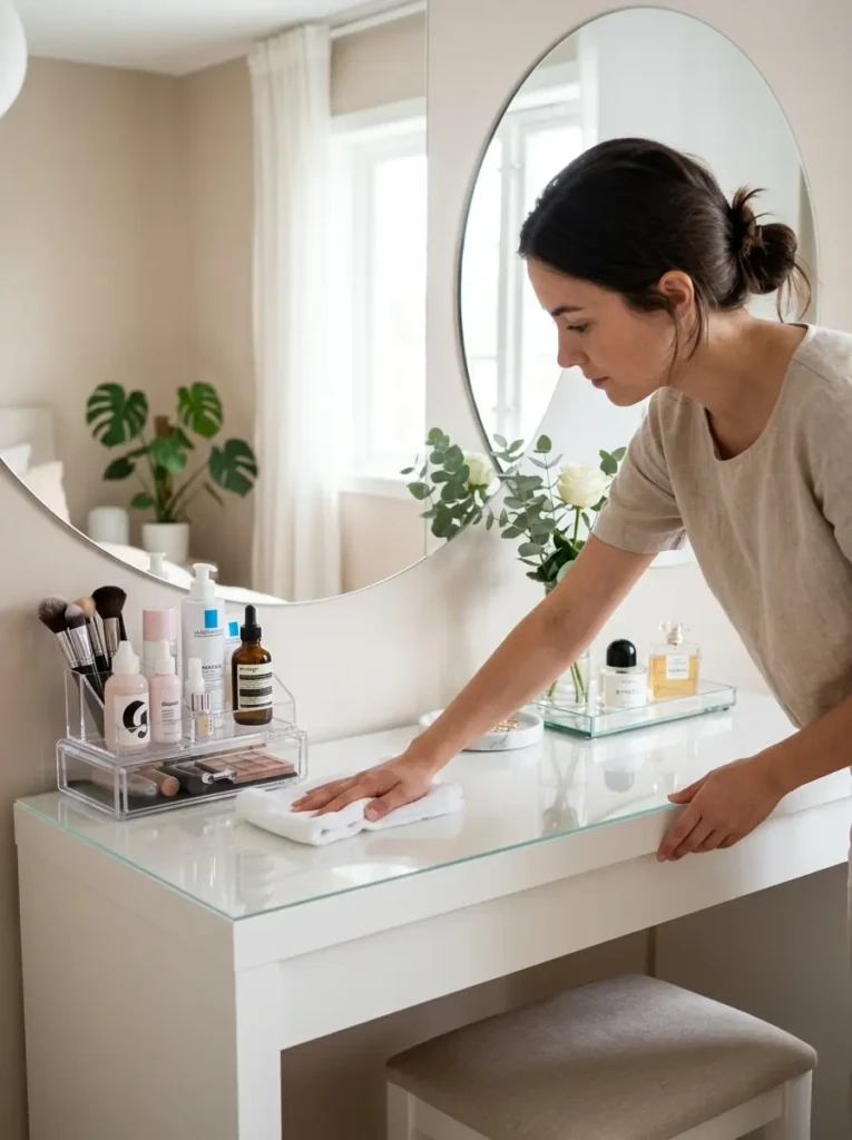 Fresh and tidy vanity table with organized items and clutter-free surface