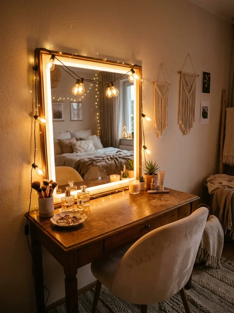 Vanity setup with warm lighting, string lights, and mirror illumination creating cozy ambiance