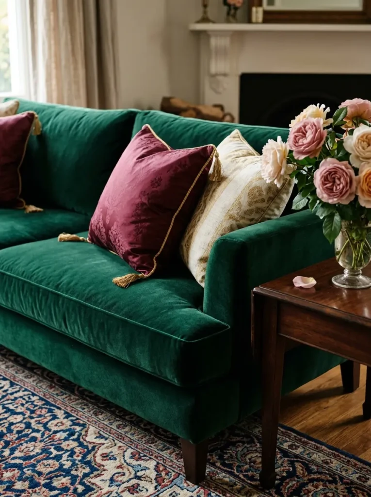 Close-up of velvet sofa, silk cushions, and soft rug with roses adding depth and elegance