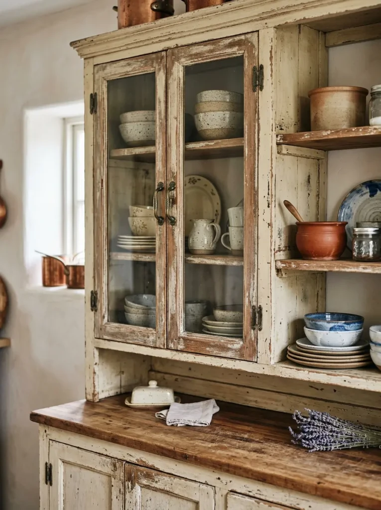 Close-up of distressed wood cabinets with glass doors and open shelving displaying dishes.