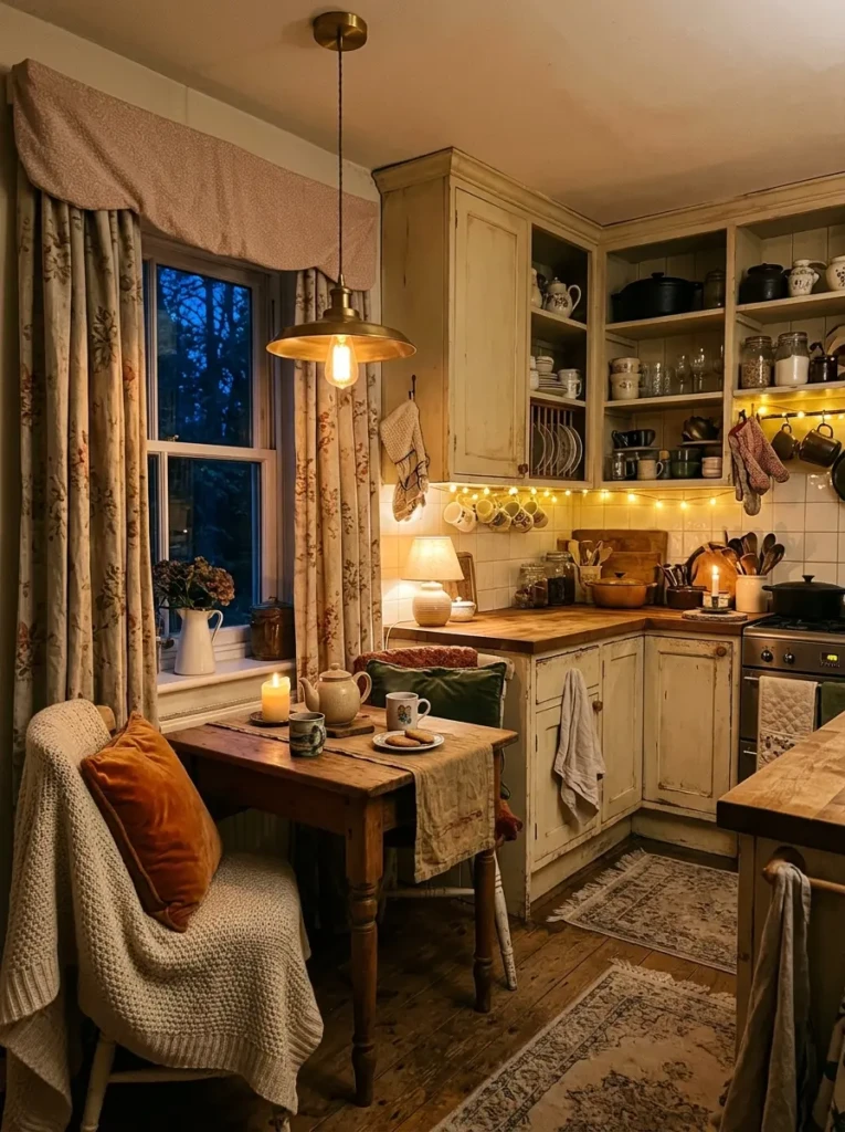 A softly lit vintage kitchen with textiles and decor creating a comfortable environment.