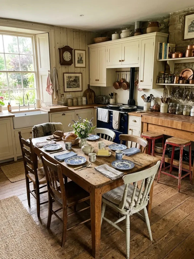 A vintage kitchen with wooden dining table, chairs, and cozy seating arrangement.