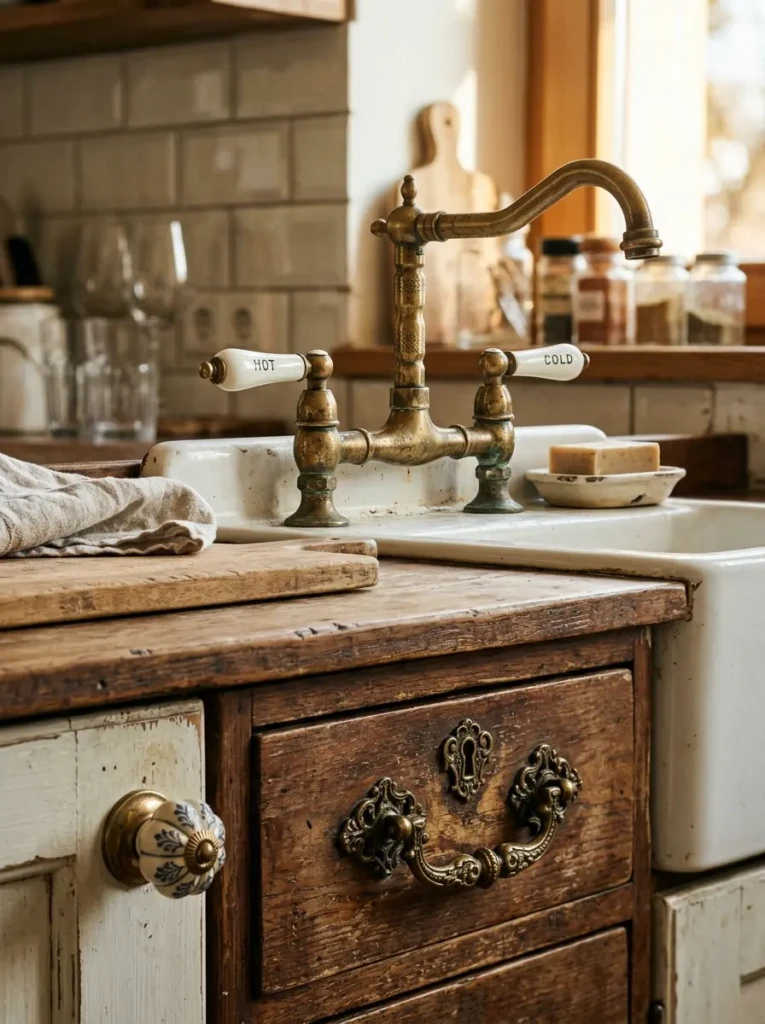 Close-up of brass fixtures, porcelain knobs, and antique drawer handles in a vintage kitchen.