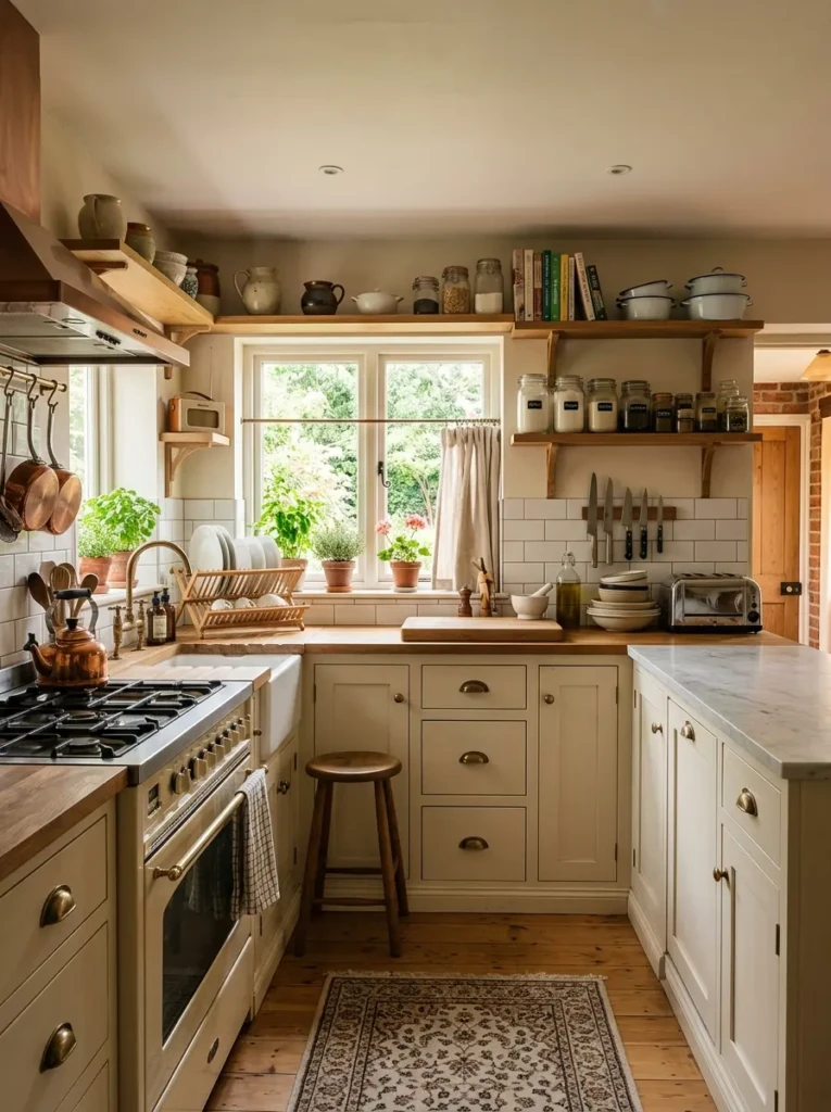 A vintage kitchen that combines efficient layout with classic design and organized space.
