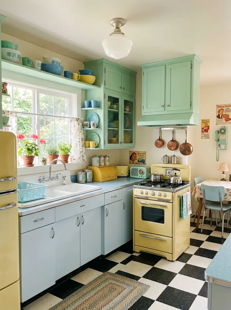 A vintage kitchen with mint green cabinets, butter yellow walls, and checkerboard flooring.