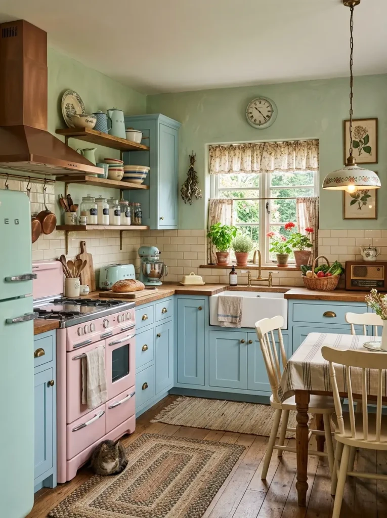 A beautifully designed vintage kitchen showcasing pastel colors, rustic textures, and retro appliances.