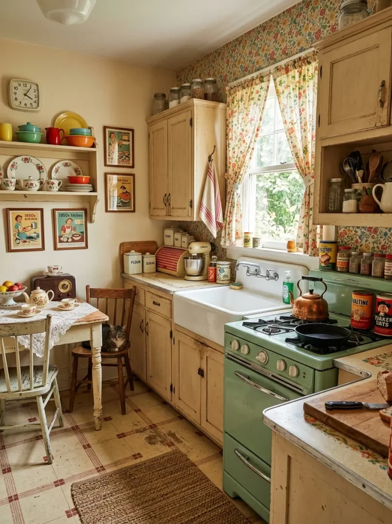 A nostalgic vintage kitchen featuring antique furniture, floral accents, and retro decor elements.
