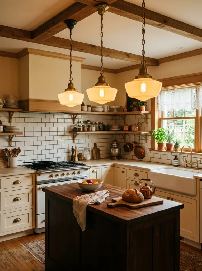 Vintage kitchen lighting with hanging pendant lights and warm glowing bulbs.