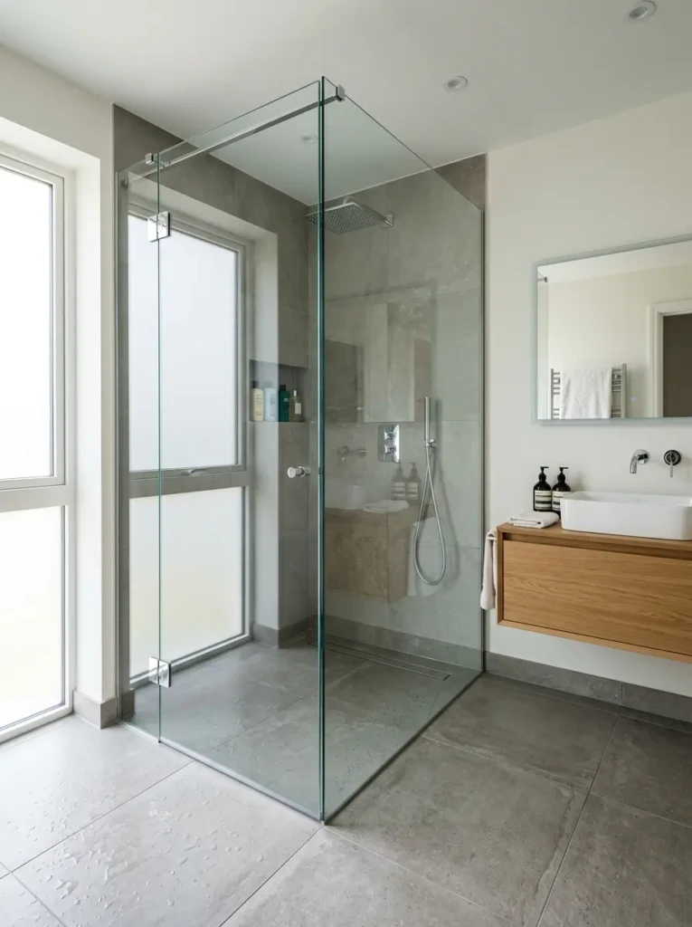 Contemporary walk-in shower with frameless glass and seamless tile flooring in a minimalist bathroom